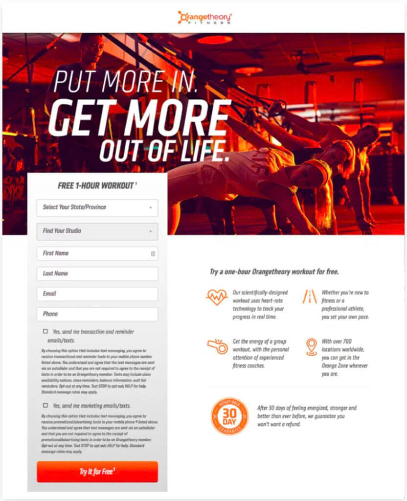 Orangetheory’s landing page example