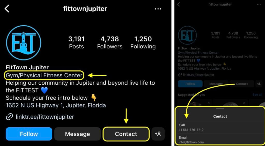 example of a Instagram gym account that Identifies as a Gym/Physical Fitness Center