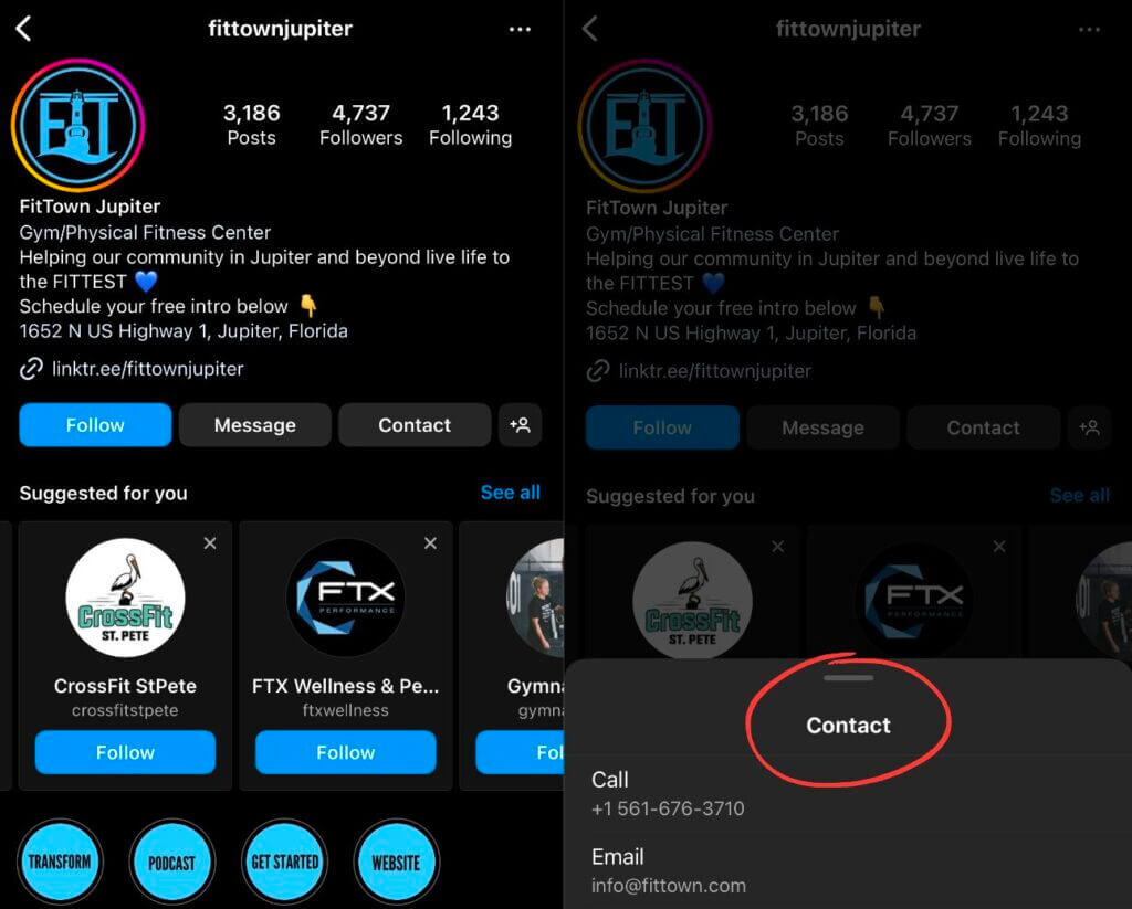 Fit Town instagram contact info