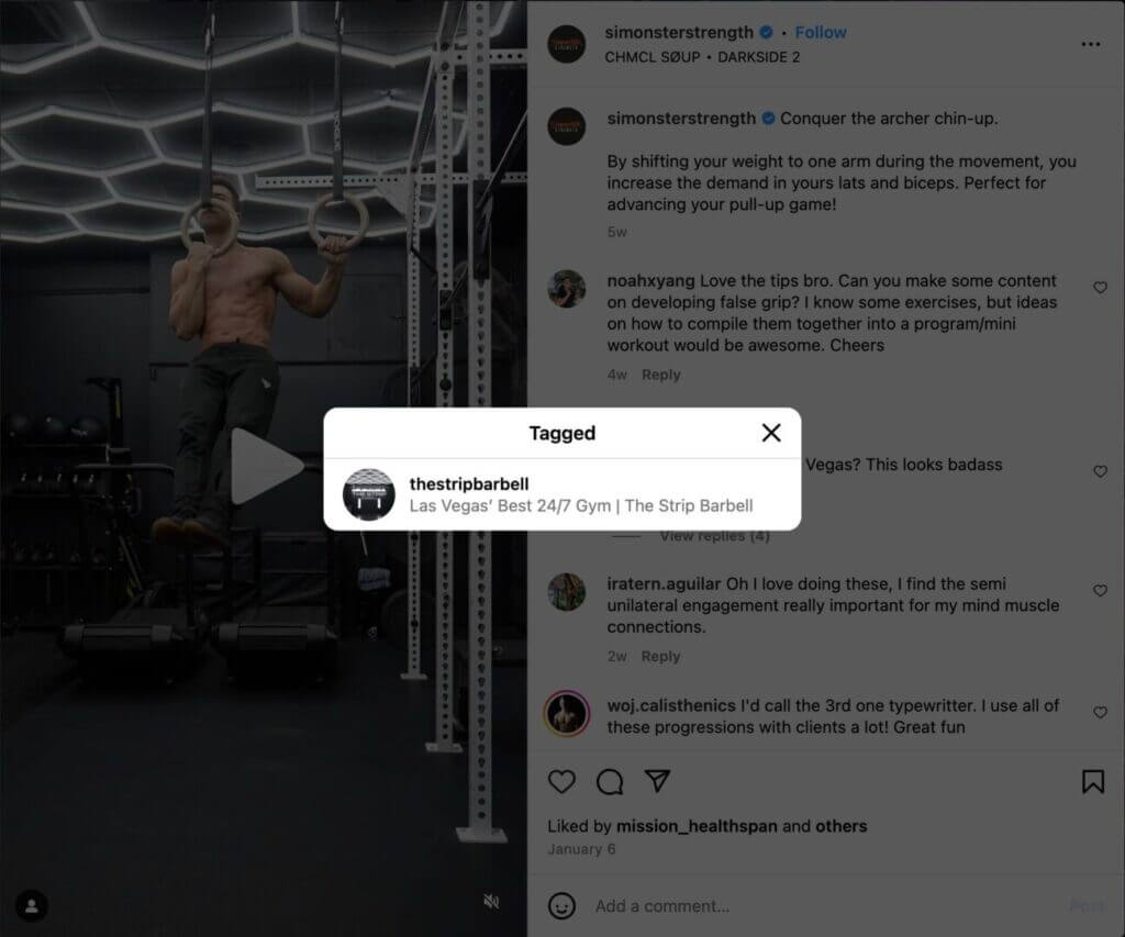 Simon Ata tagging his gym in Instagram