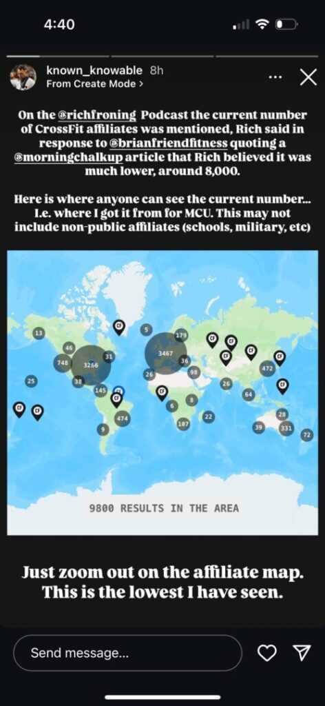 Instagram story showing a map of CrossFit affiliate locations worldwide, with a caption noting the visible count is 9,800—lower than expected.