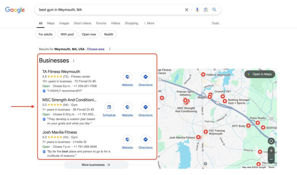 top 3 gym listing in Google