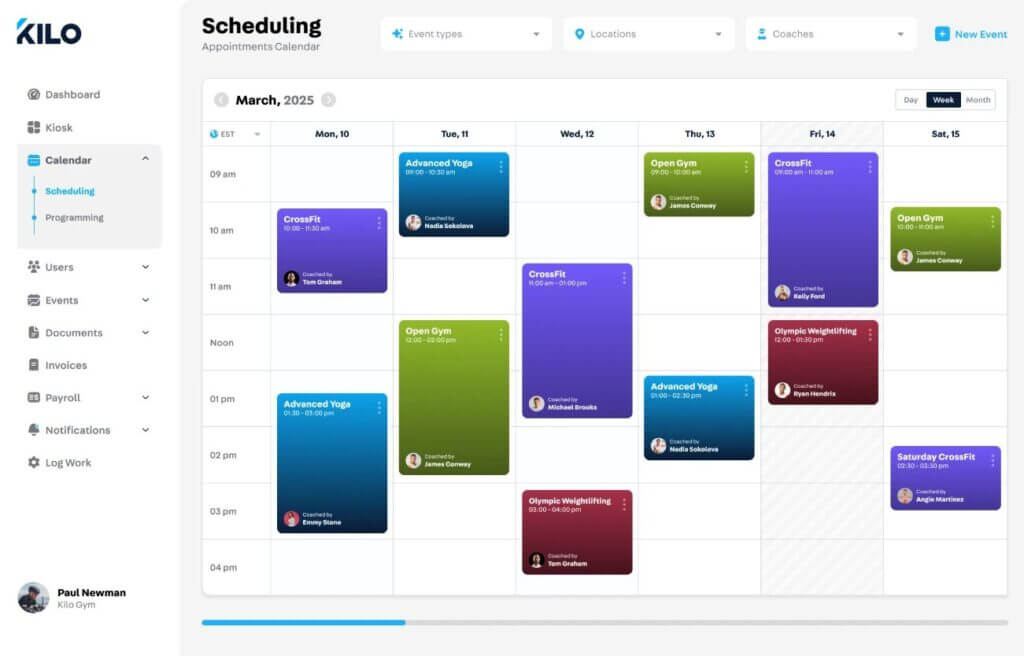 Kilo gym management software showing the weekly class and staff scheduling calendar, with coach assignments and color-coded event types