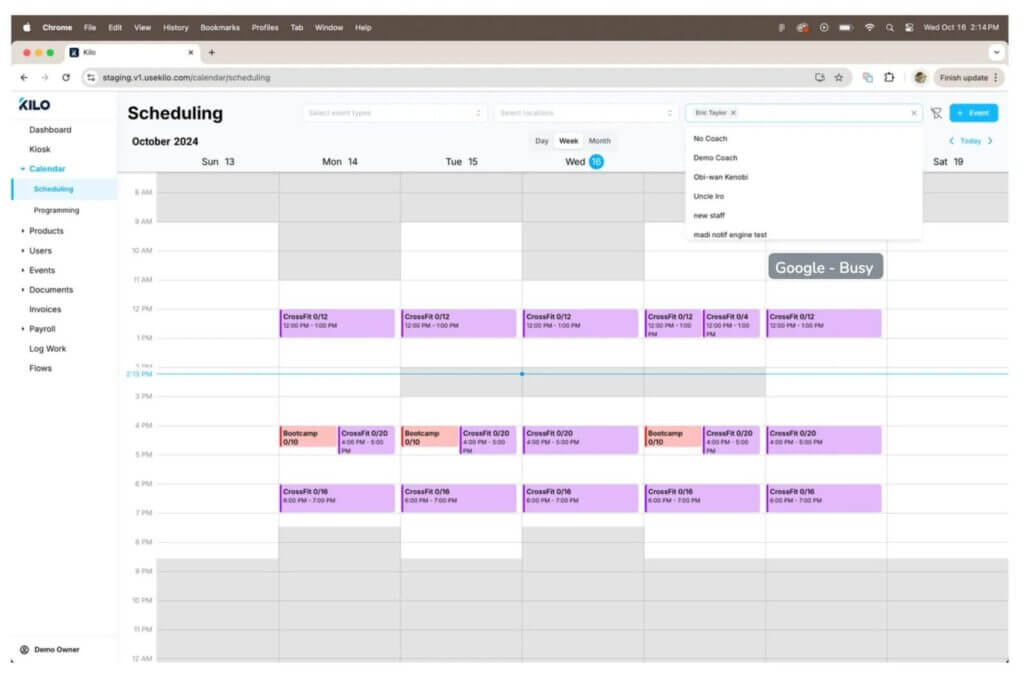 Kilo Scheduling calendar view showing CrossFit and Bootcamp classes with coach availability integrated from Google Calendar.